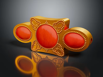 Golden Decorative Object Featuring Oval Shaped Red Gemstones and Ornate Patterns 3d model