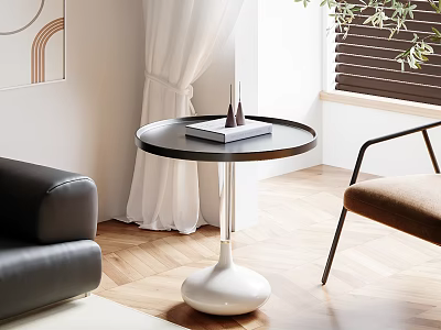 Modern Round Side Table With Black Top And White Base In Living Room 3d model