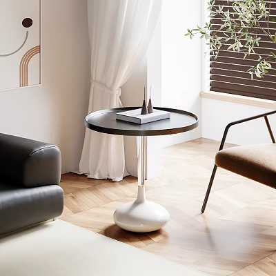 Modern Round Side Table With Black Top And White Base In Living Room 3d model