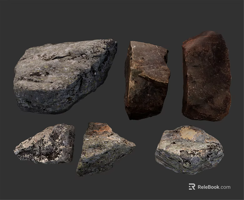Various Natural Stone And Wood Pieces With Distinct Textures And Shapes 3d model 