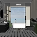 Stylish Bathroom Interior With Black And White Patterned Wallpaper Round Mirror And Green Cabinets
