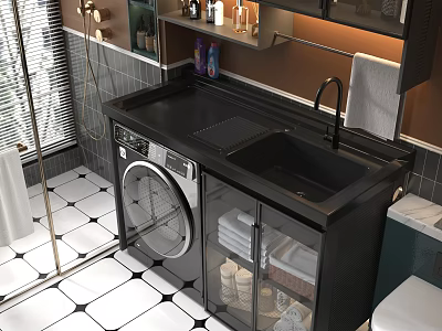 Stylish Bathroom Sink With Black Countertop Washing Machine Glass Cabinet Towels And Mirror 3d model