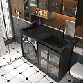 Stylish Bathroom Sink With Black Countertop Washing Machine Glass Cabinet Towels And Mirror