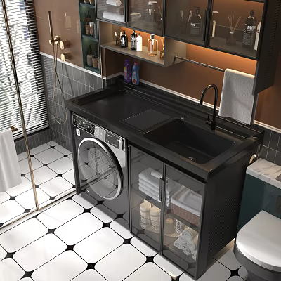 Stylish Bathroom Sink With Black Countertop Washing Machine Glass Cabinet Towels And Mirror 3d model
