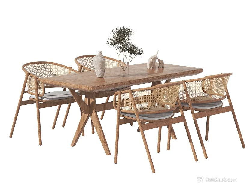 Rustic Wooden Dining Table Set With Four Rattan Chairs And Green Plant Decor 3d model 