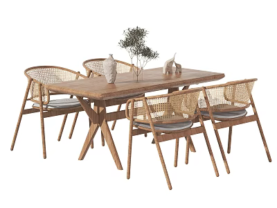 Rustic Wooden Dining Table Set With Four Rattan Chairs And Green Plant Decor 3d model