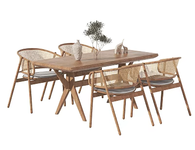Rustic Wooden Dining Table Set With Four Rattan Chairs And Green Plant Decor 3d model