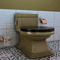Olive Green Toilet With Black Seat Gray Tiled Wall And Colorful Patterned Floor Tiles