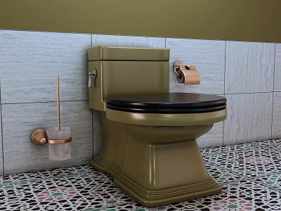 Olive Green Toilet With Black Seat Gray Tiled Wall And Colorful Patterned Floor Tiles 3d model
