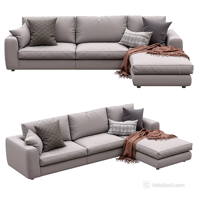 Comfortable Modern Gray Sectional Sofa With Decorative Pillows And Throw Blanket 3d model