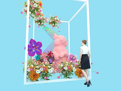 Floral Art Installation With White Cube Frame Pink Bear And Colorful Flowers For Woman Admiring 3d model