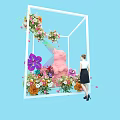 Floral Art Installation With White Cube Frame Pink Bear And Colorful Flowers For Woman Admiring