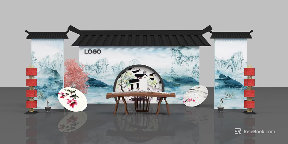 Chinese Style Exhibition Area With Guqin Landscape Painting And Decorative Plates 3d model 