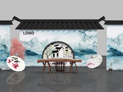 Chinese Style Exhibition Area With Guqin Landscape Painting And Decorative Plates 3d model