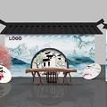 Chinese Style Exhibition Area With Guqin Landscape Painting And Decorative Plates