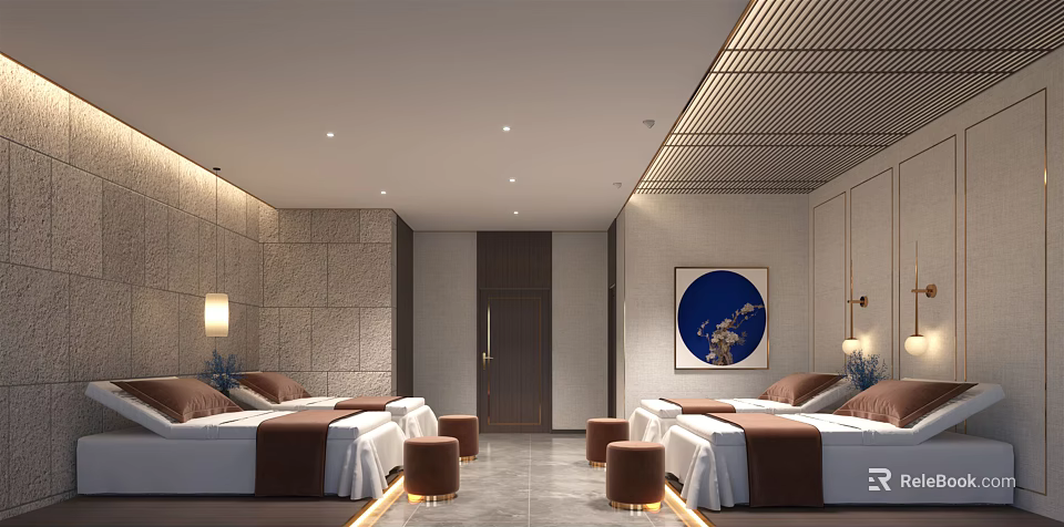 Modern SPA Sauna Interior With Comfortable Massage Beds And Wall Art 3d model 