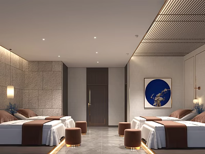 Modern SPA Sauna Interior With Comfortable Massage Beds And Wall Art 3d model