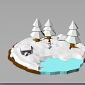 Snowy Natural Scene With Pine Trees Small Snowman Rocks And Blue Water Area