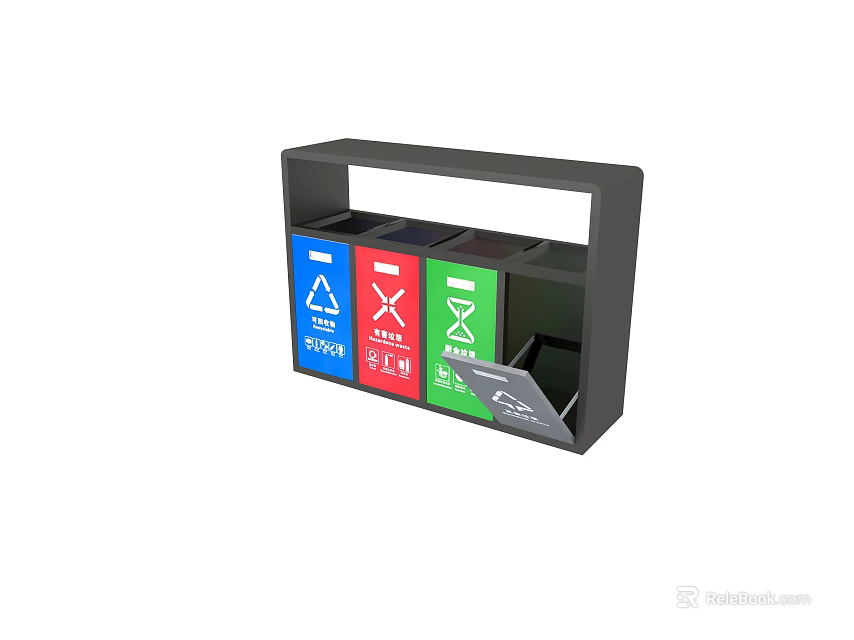 Public Color Coded Recycling Bins With Multiple Compartments And Waste Sorting Signs 3d model