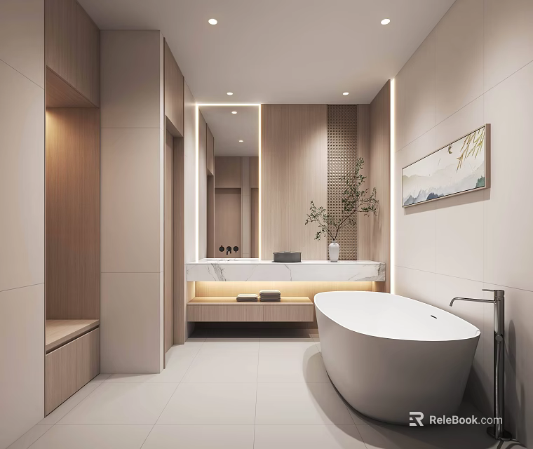 Modern Bathroom Interior With Freestanding Bathtub Vanity Mirror And Neutral Tones 3d model 