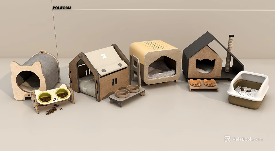 Various Designed Pet Houses With Wooden Fabric Materials And Pet Bowls 3d model 