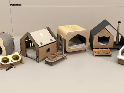 Various Designed Pet Houses With Wooden Fabric Materials And Pet Bowls 3d model
