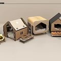 Various Designed Pet Houses With Wooden Fabric Materials And Pet Bowls