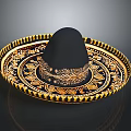 Traditional Mexican Sombrero With Black Crown And Gold Geometric Decorative Edge