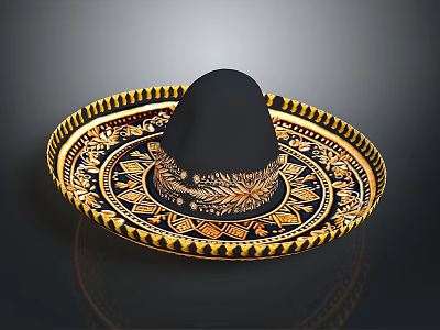 Traditional Mexican Sombrero With Black Crown And Gold Geometric Decorative Edge 3d model