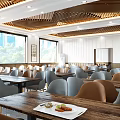 Modern Restaurant Interior With Wooden Ceiling Tables Chairs And Large Windows 3d model
