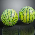 Fresh Green Striped Watermelons on Black Reflective Surface with Ripe Texture