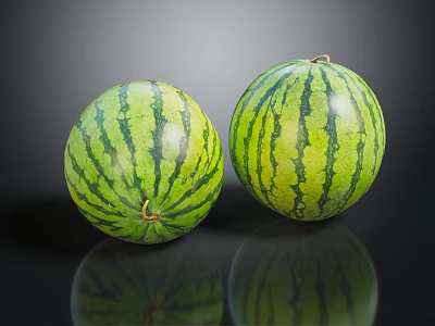 Fresh Green Striped Watermelons on Black Reflective Surface with Ripe Texture 3d model