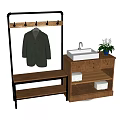 Wooden Storage Cabinet With Drawers Shelf Sink Plant Coat Hanger And Bench In Entryway