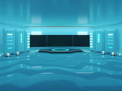 Futuristic Blue Room With Smooth Floor Wavy Reflections Central Platform And Circular Light 3d model