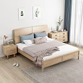 Modern Minimalist Wooden Double Bed With Bedside Tables Pillows Blanket And Wall Art