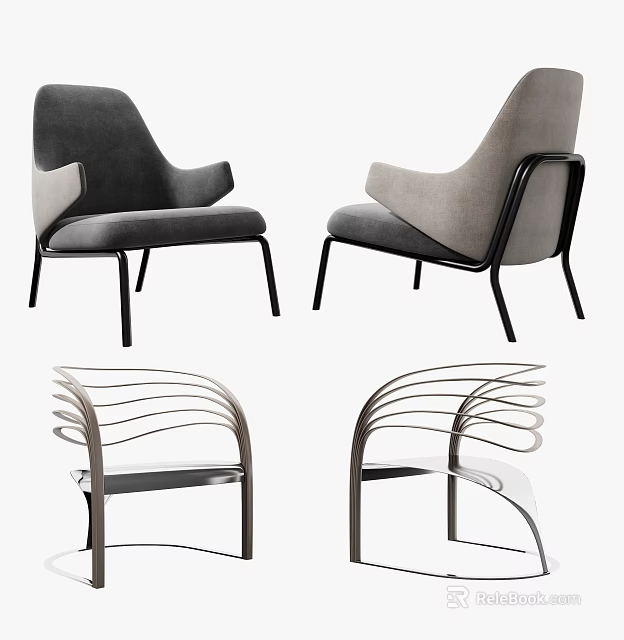 Modern Leisure Chairs With Metal Frames Upholstered Seats Armrests And Curved Design 3d model 