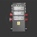 Industrial Control Equipment With Black Enclosure Transparent Windows Red Knobs And Yellow Warning Sign 3d model