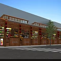 Traditional Wooden Commercial Street With Multiple Shops Awnings And Trees Along Street