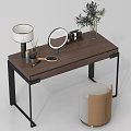 Walnut Dressing Table with Black Metal Frame Round Mirror Table Lamp Vase and Stool 3d model
