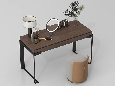 Walnut Dressing Table with Black Metal Frame Round Mirror Table Lamp Vase and Stool 3d model