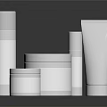 White Perfume Cosmetic Containers with Various Shapes Bottles Jars Tubes on Black Background with Reflections