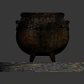 Rusty Iron Cauldron With Three Legs On Colorful Wooden Round Platform As Household Item