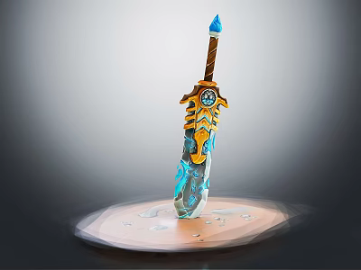 Fantasy Weapon Design With Blue Crystal Accents Golden Hilt And Round Base 3d model