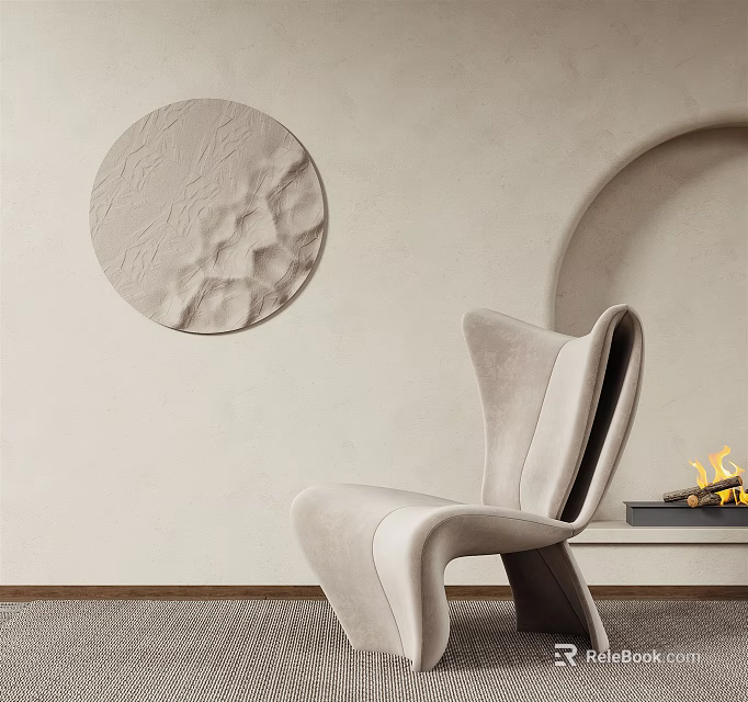 Modern Plush Accent Chair With Curved Backrest Beige Fabric And Circular Wall Decor 3d model 