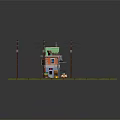 Cartoon Scene With Colorful Building Orange Green Exterior Staircase Utility Poles And Street Stalls
