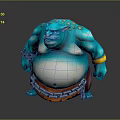 3D Creature Character Model With Blue Skin Green Spots Fierce Expression Chain And Yellow Wristband