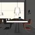 Modern Office Desk Setup With Laptop Modern Chairs Pendant Lights And White Walls