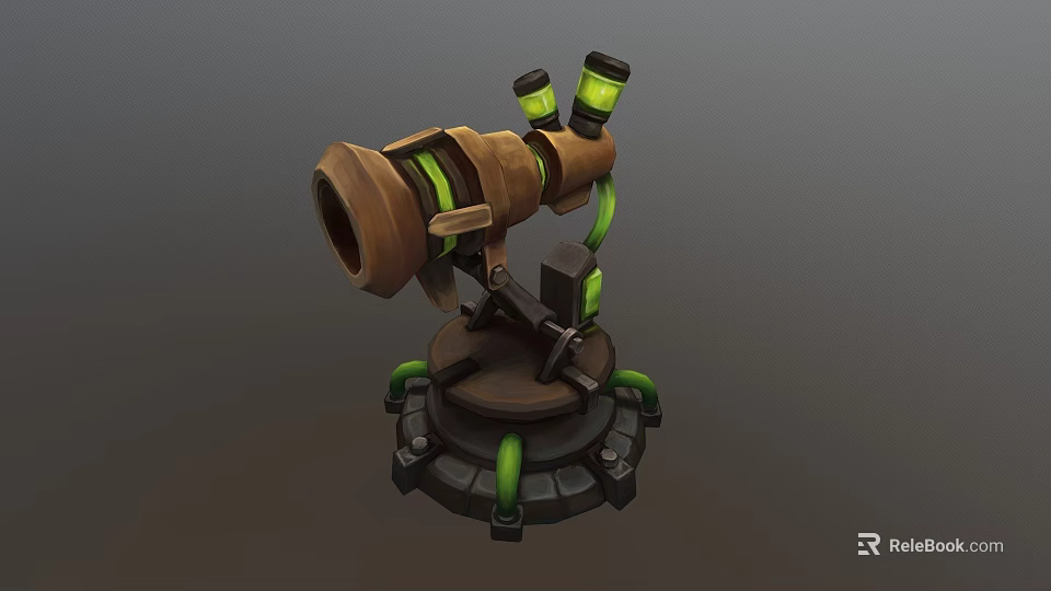 Wooden Telescope Like Mechanical Device With Green Tubes Circular Base And Yellow Components 3d model 