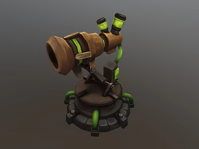 Wooden Telescope Like Mechanical Device With Green Tubes Circular Base And Yellow Components 3d model