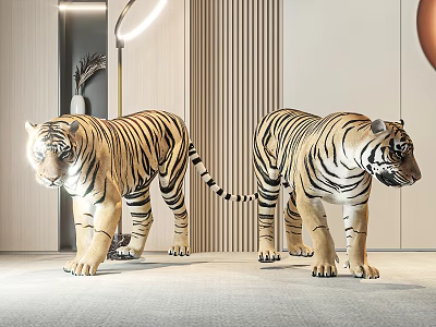 Realistic Tiger Statues In Modern Interior With Vertical Panel Walls And Floor Lamp 3d model
